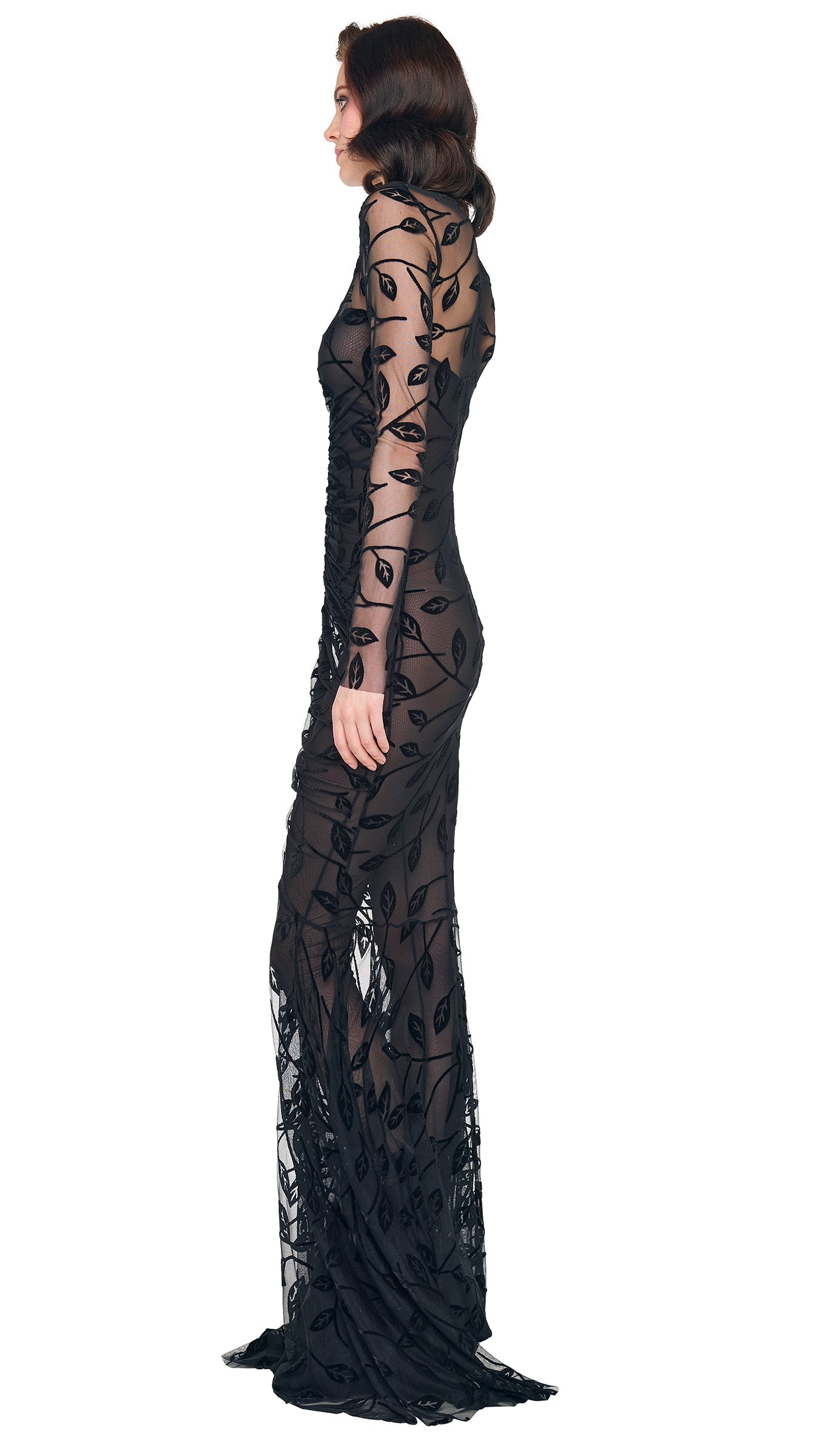 LS V NECK SHIRRED FRONT FISHTAIL GOWN Black Leaf | Norma Kamali Women