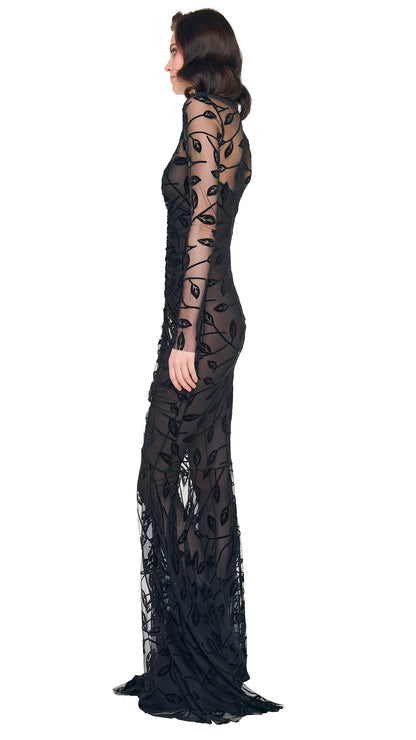 LS V NECK SHIRRED FRONT FISHTAIL GOWN Black Leaf | Norma Kamali Women