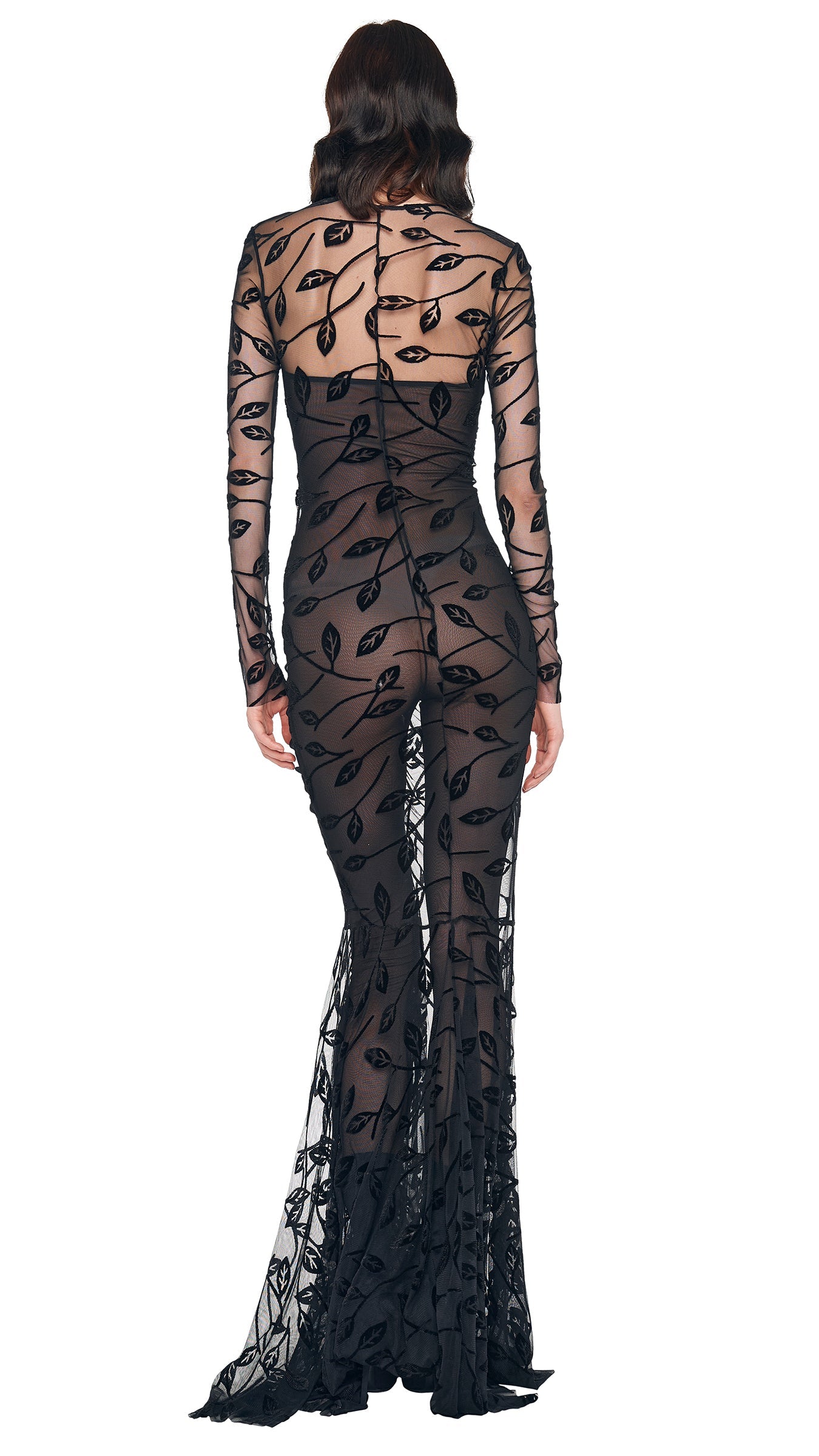 LS V NECK SHIRRED FRONT FISHTAIL GOWN Black Leaf | Norma Kamali Women