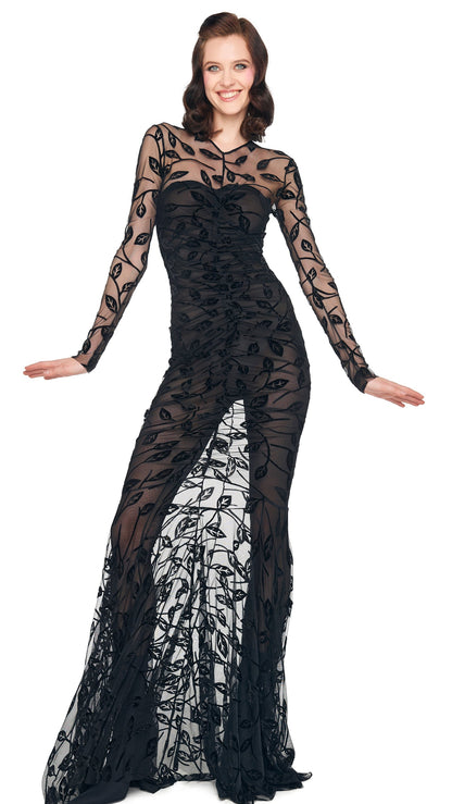 LS V NECK SHIRRED FRONT FISHTAIL GOWN Black Leaf | Norma Kamali Women