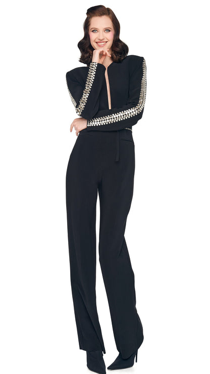 STUD ZIP FRONT STRAIGHT LEG JUMPSUIT Black | Norma Kamali Women