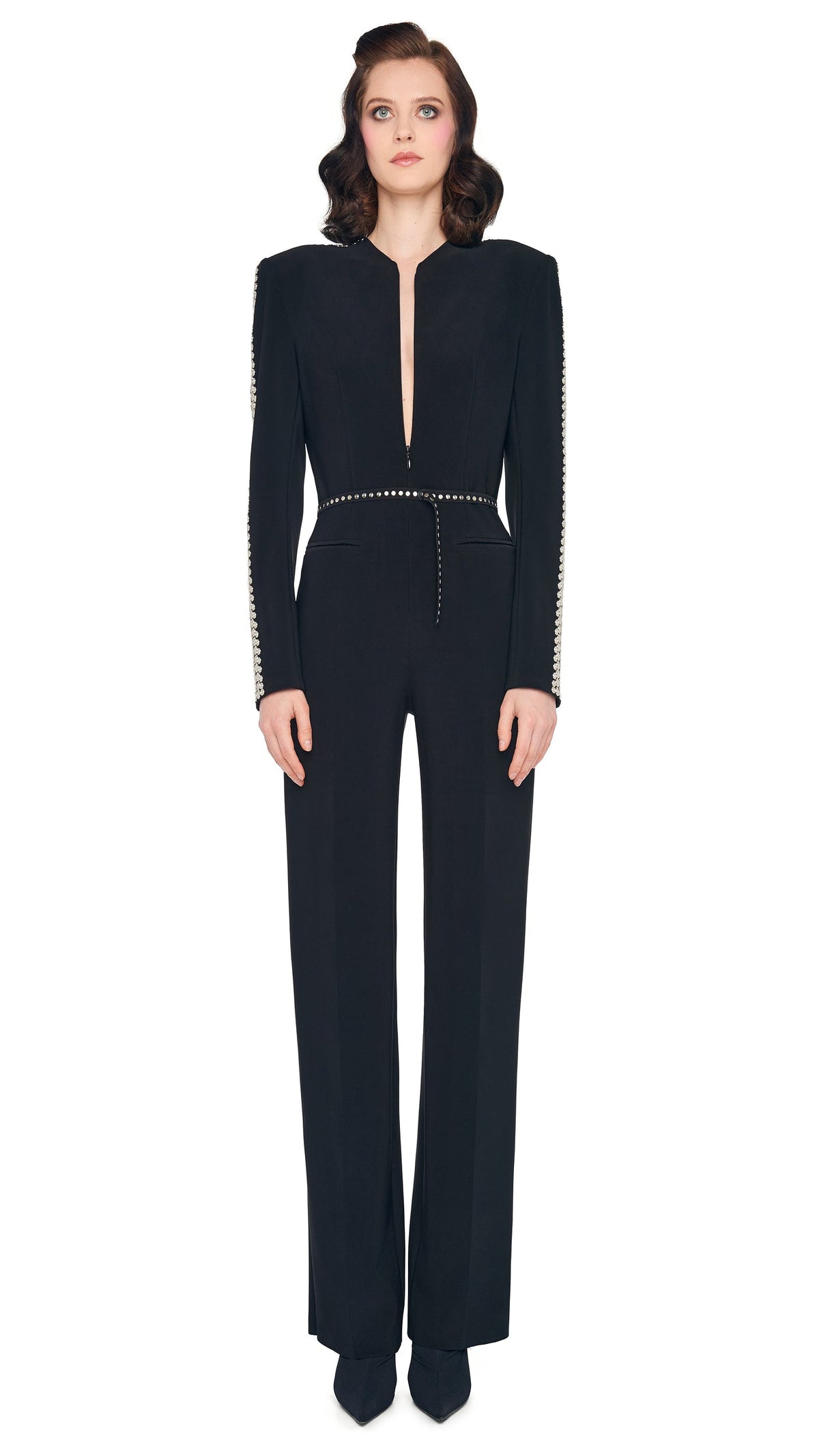 STUD ZIP FRONT STRAIGHT LEG JUMPSUIT Black | Norma Kamali Women