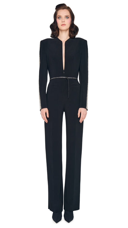 STUD ZIP FRONT STRAIGHT LEG JUMPSUIT Black | Norma Kamali Women