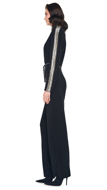 STUD ZIP FRONT STRAIGHT LEG JUMPSUIT Black | Norma Kamali Women