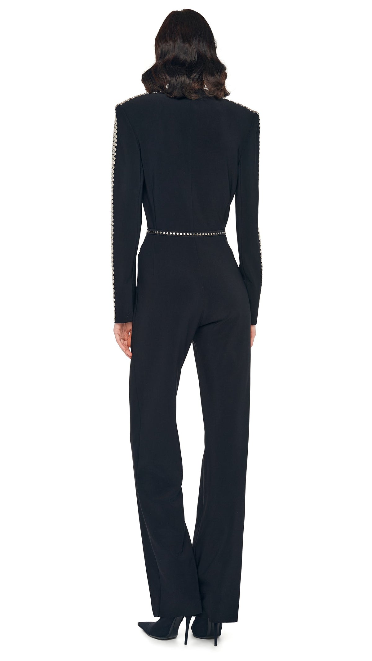 STUD ZIP FRONT STRAIGHT LEG JUMPSUIT Black | Norma Kamali Women