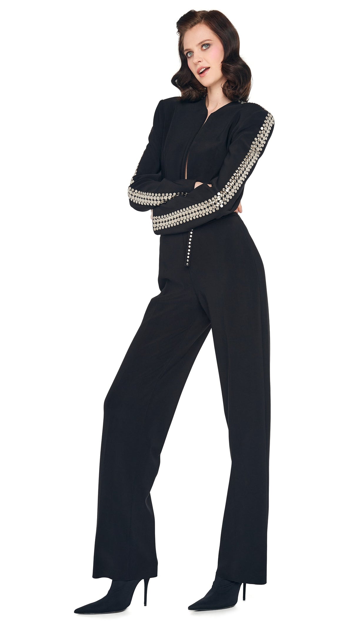 STUD ZIP FRONT STRAIGHT LEG JUMPSUIT Black | Norma Kamali Women