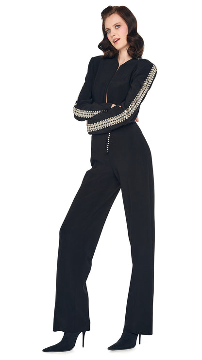 STUD ZIP FRONT STRAIGHT LEG JUMPSUIT Black | Norma Kamali Women