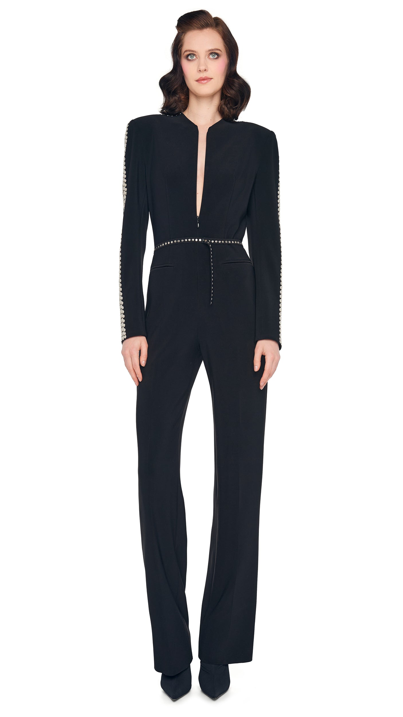 STUD ZIP FRONT STRAIGHT LEG JUMPSUIT Black | Norma Kamali Women