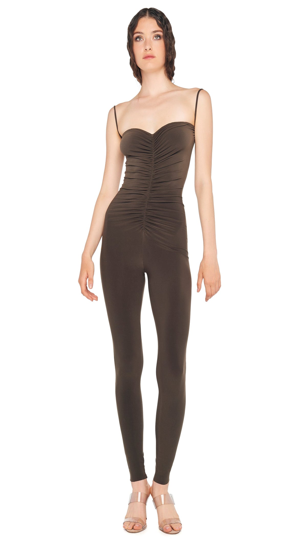 STRAPLESS SHIRRED FRONT CATSUIT Espresso | Norma Kamali Women