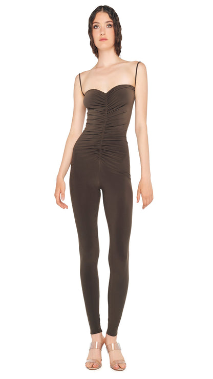 STRAPLESS SHIRRED FRONT CATSUIT Espresso | Norma Kamali Women