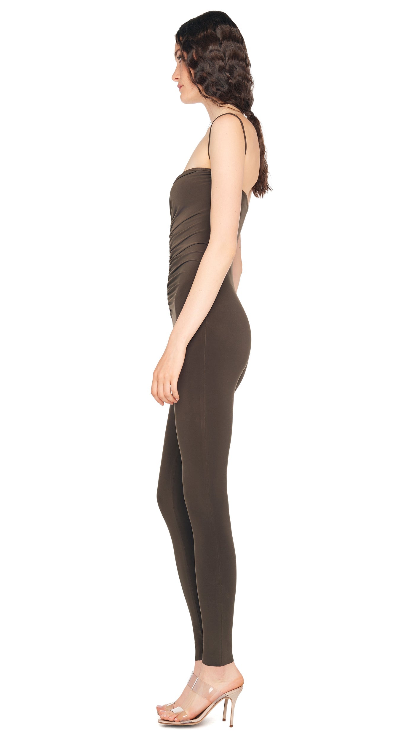 STRAPLESS SHIRRED FRONT CATSUIT Espresso | Norma Kamali Women