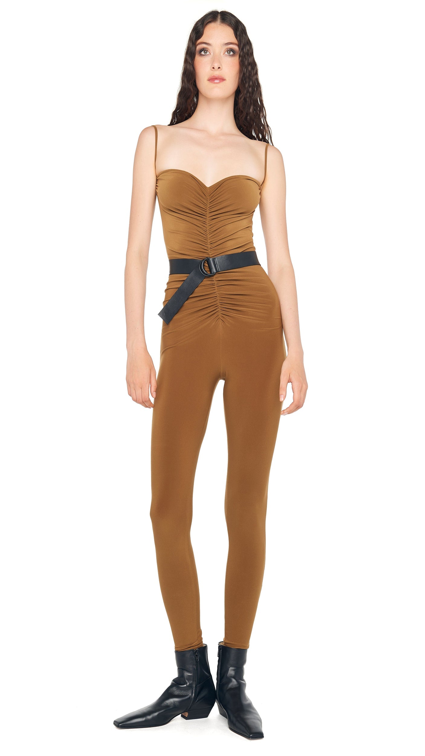 STRAPLESS SHIRRED FRONT CATSUIT Bronze | Norma Kamali Women