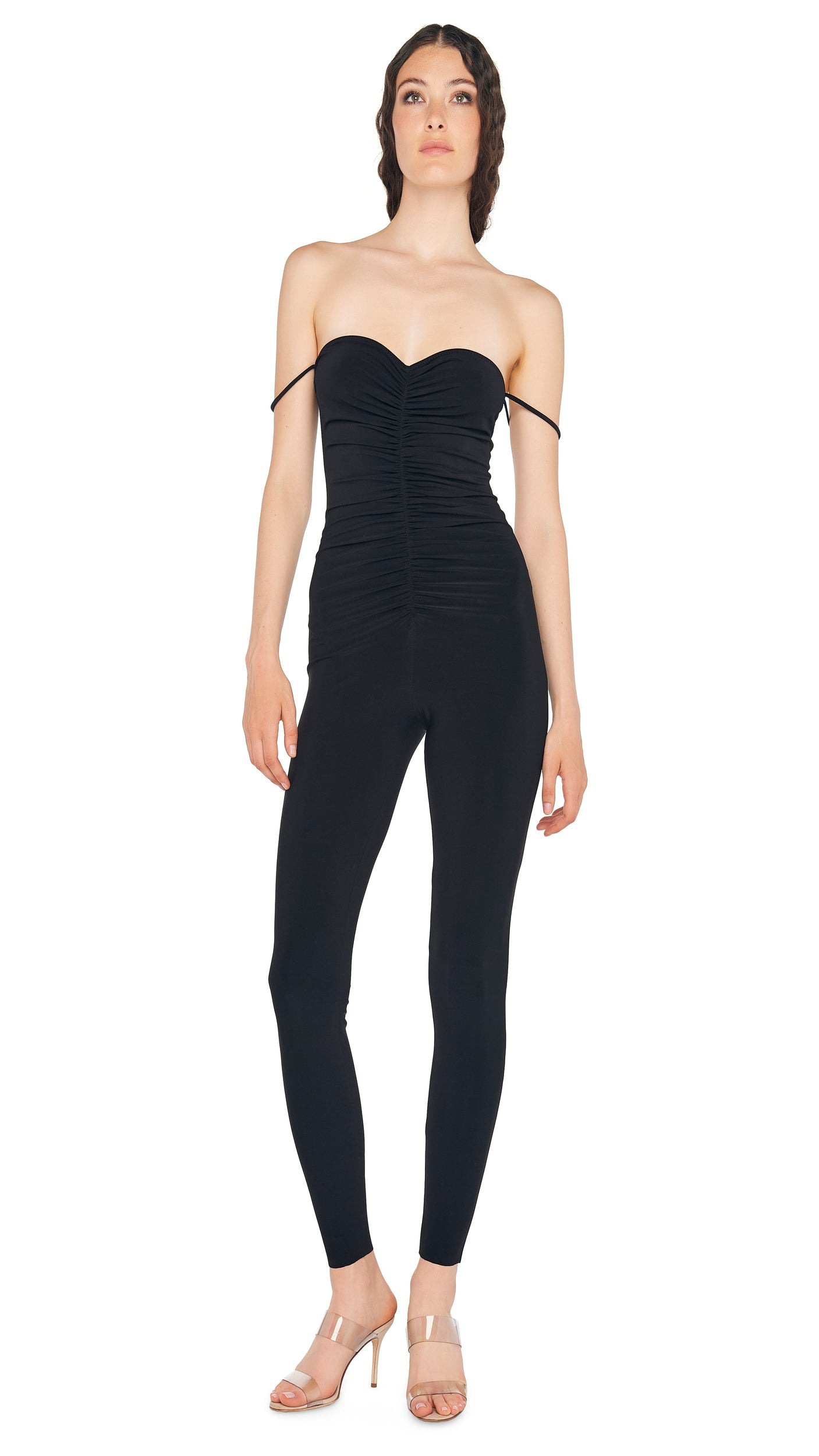 STRAPLESS SHIRRED FRONT CATSUIT Black | Norma Kamali Women