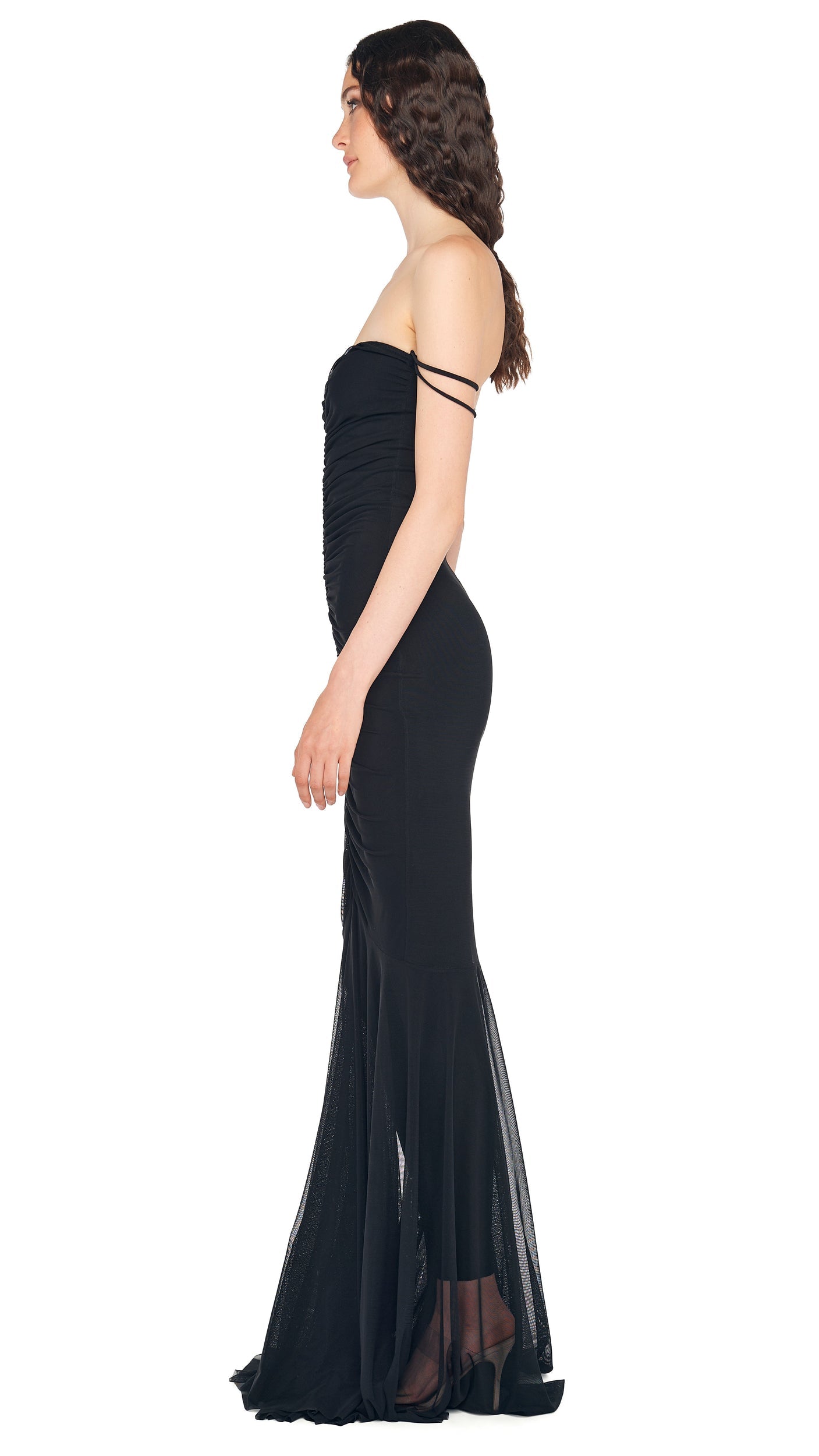 STRAPLESS SHIRRED FRONT CATSUIT Black | Norma Kamali Women