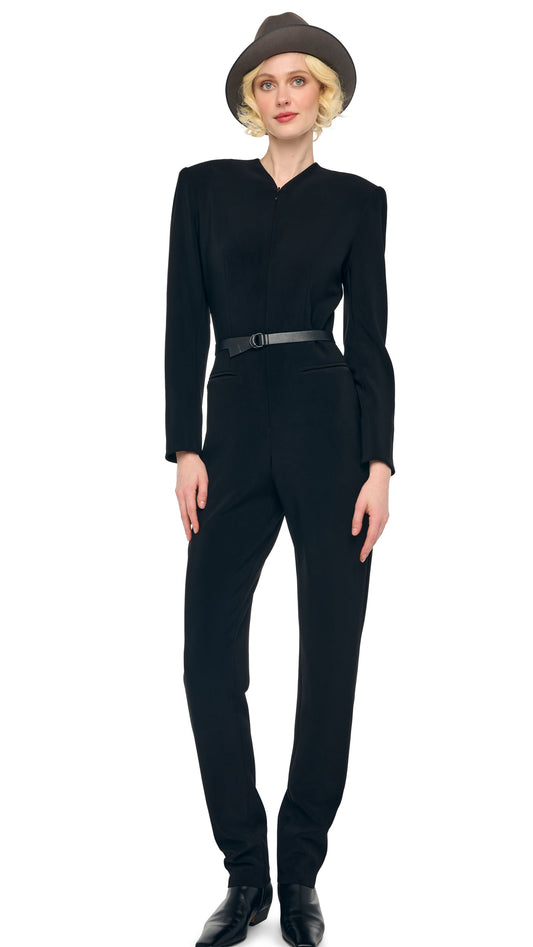 LS V NECK ZIP FRONT TAPERED JUMPSUIT Black | Norma Kamali Women