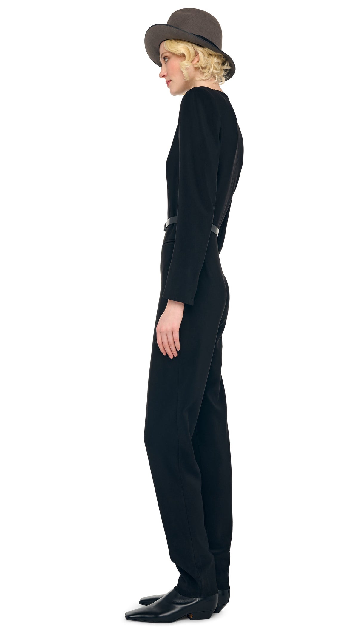 LS V NECK ZIP FRONT TAPERED JUMPSUIT Black | Norma Kamali Women