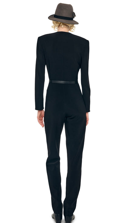 LS V NECK ZIP FRONT TAPERED JUMPSUIT Black | Norma Kamali Women