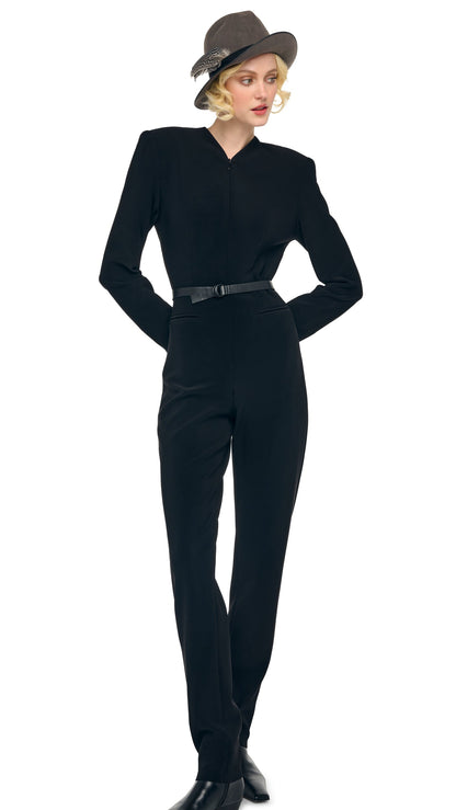 LS V NECK ZIP FRONT TAPERED JUMPSUIT Black | Norma Kamali Women