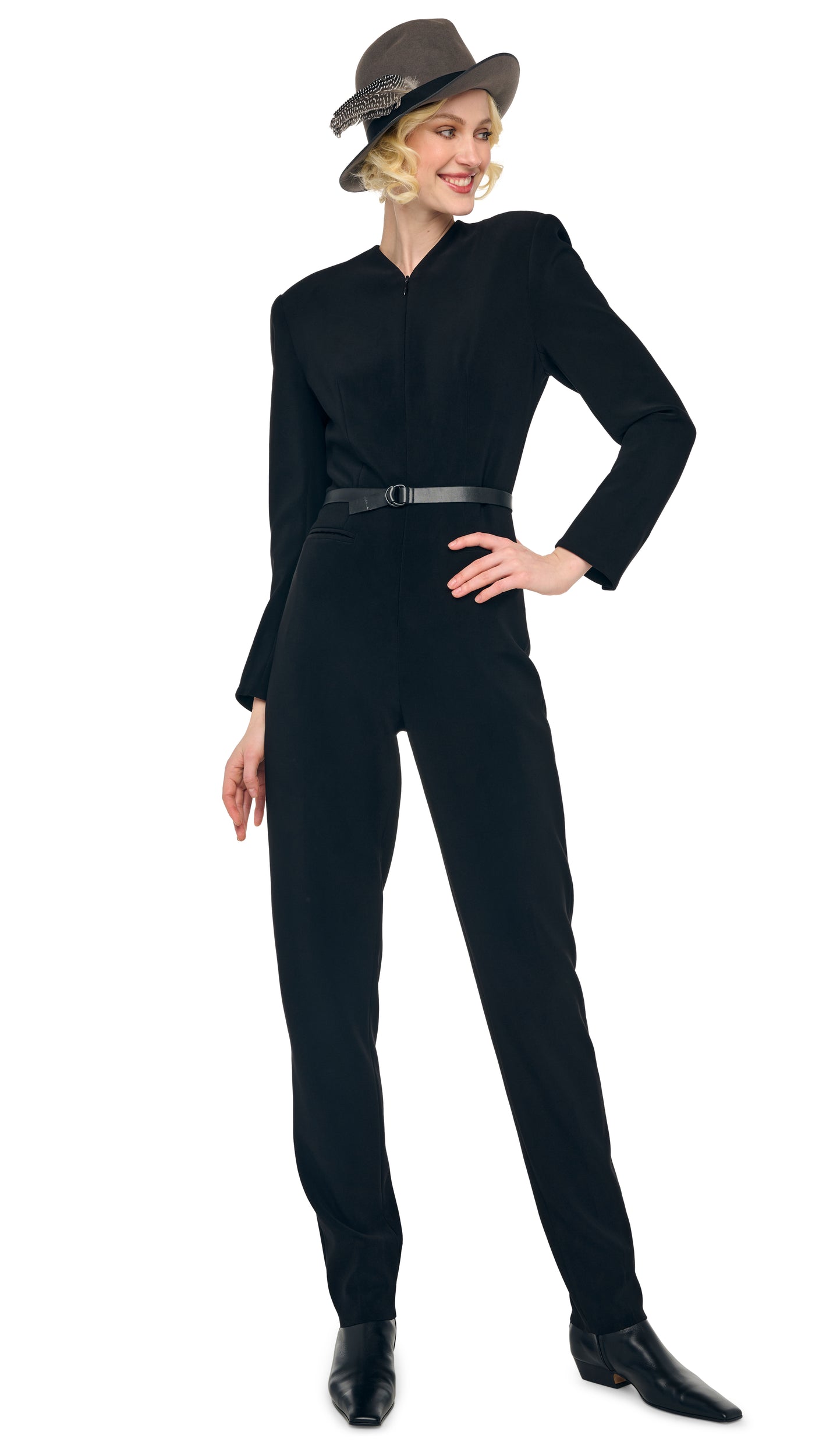 LS V NECK ZIP FRONT TAPERED JUMPSUIT Black | Norma Kamali Women
