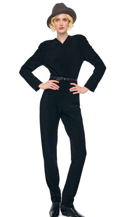 LS V NECK ZIP FRONT TAPERED JUMPSUIT Black | Norma Kamali Women