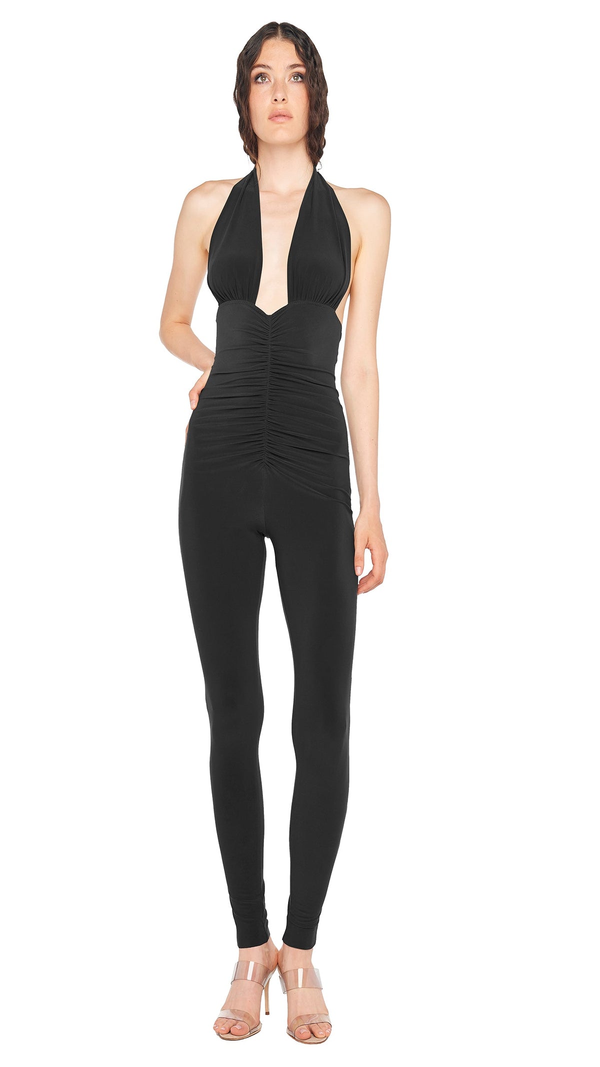 HALTER SHIRRED FRONT CATSUIT Black | Norma Kamali Women