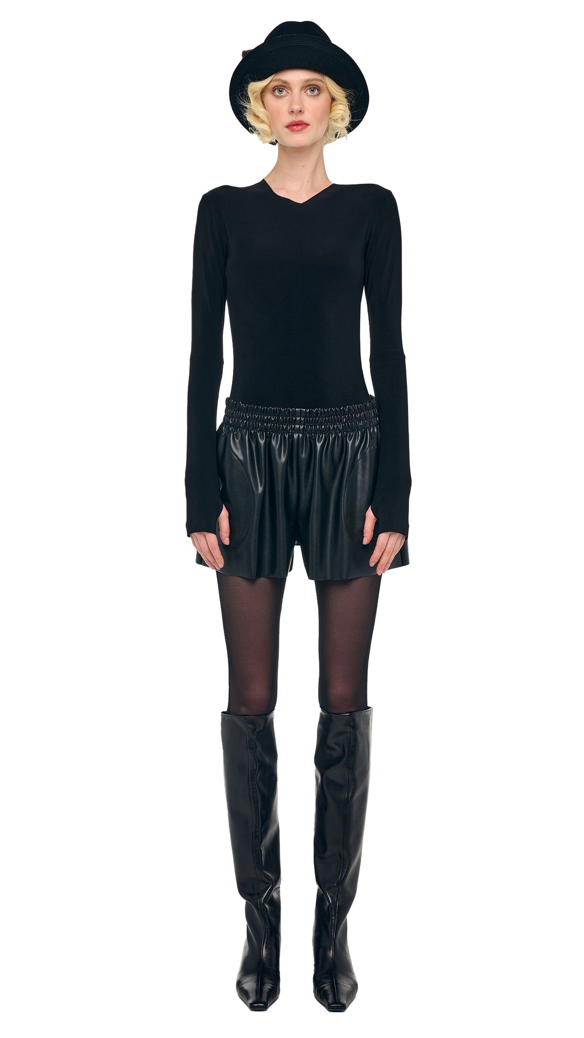 LONG SLEEVE SHOULDER PAD V NECK TOP Black | Norma Kamali Women