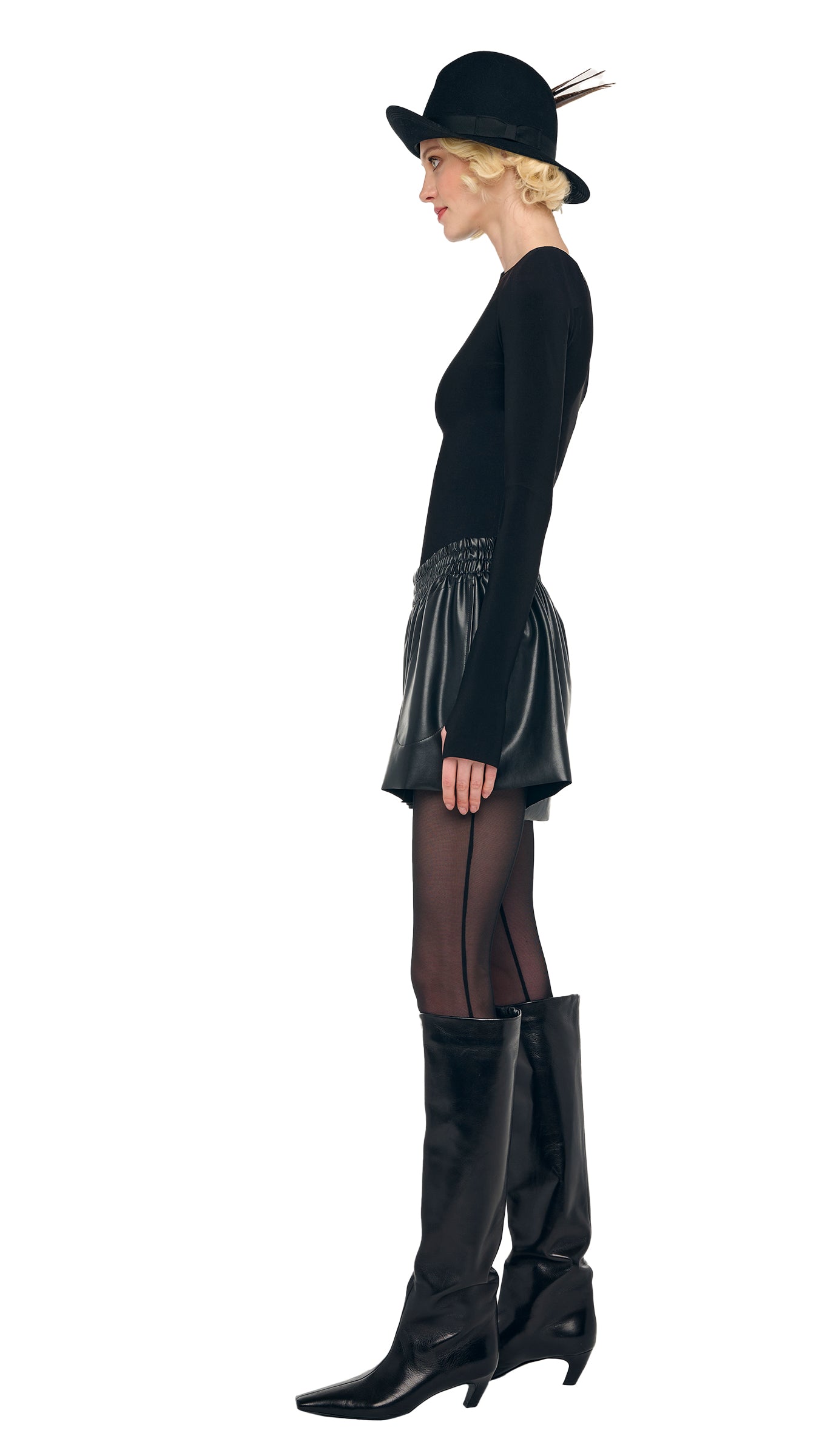 LONG SLEEVE SHOULDER PAD V NECK TOP Black | Norma Kamali Women