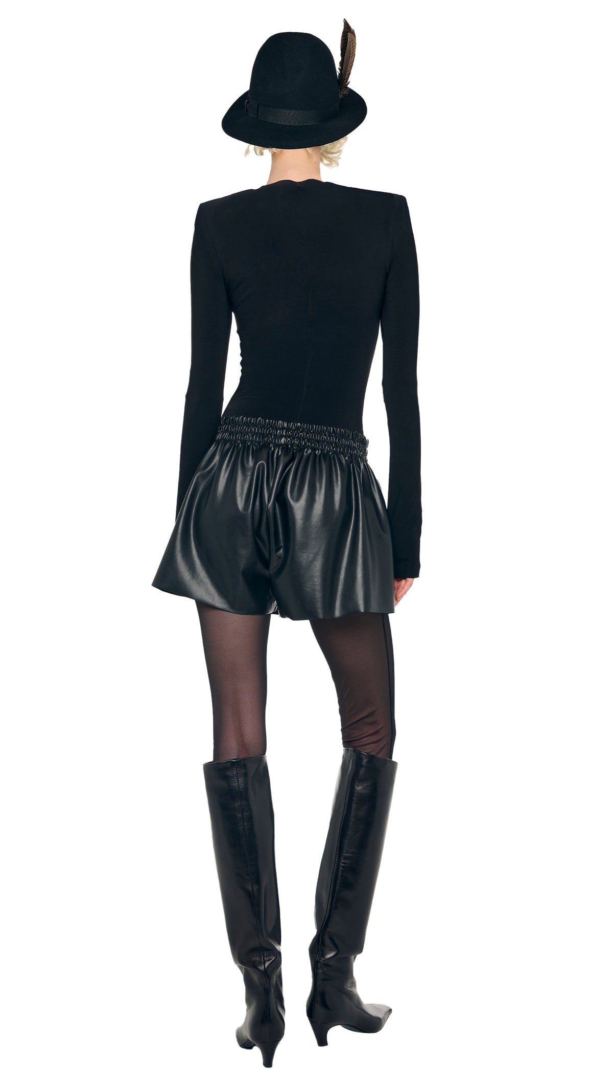 LONG SLEEVE SHOULDER PAD V NECK TOP Black | Norma Kamali Women
