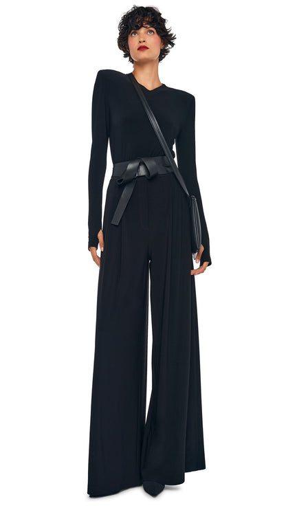 LONG SLEEVE SHOULDER PAD V NECK TOP Black | Norma Kamali Women
