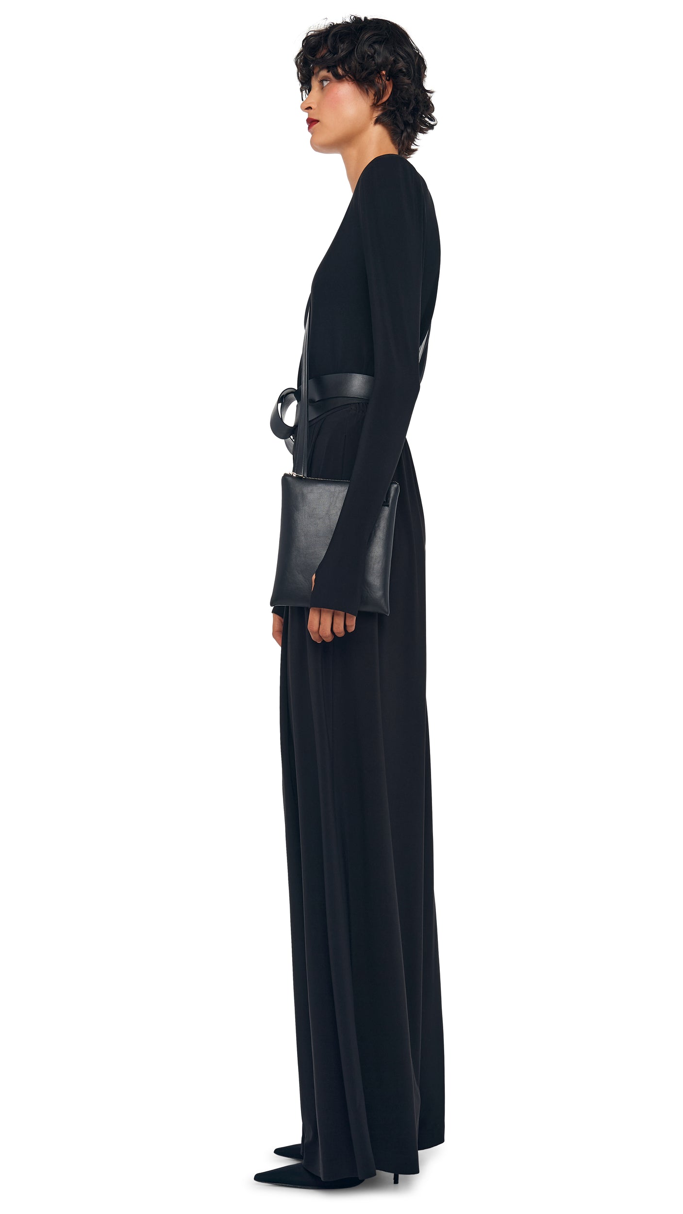 LONG SLEEVE SHOULDER PAD V NECK TOP Black | Norma Kamali Women
