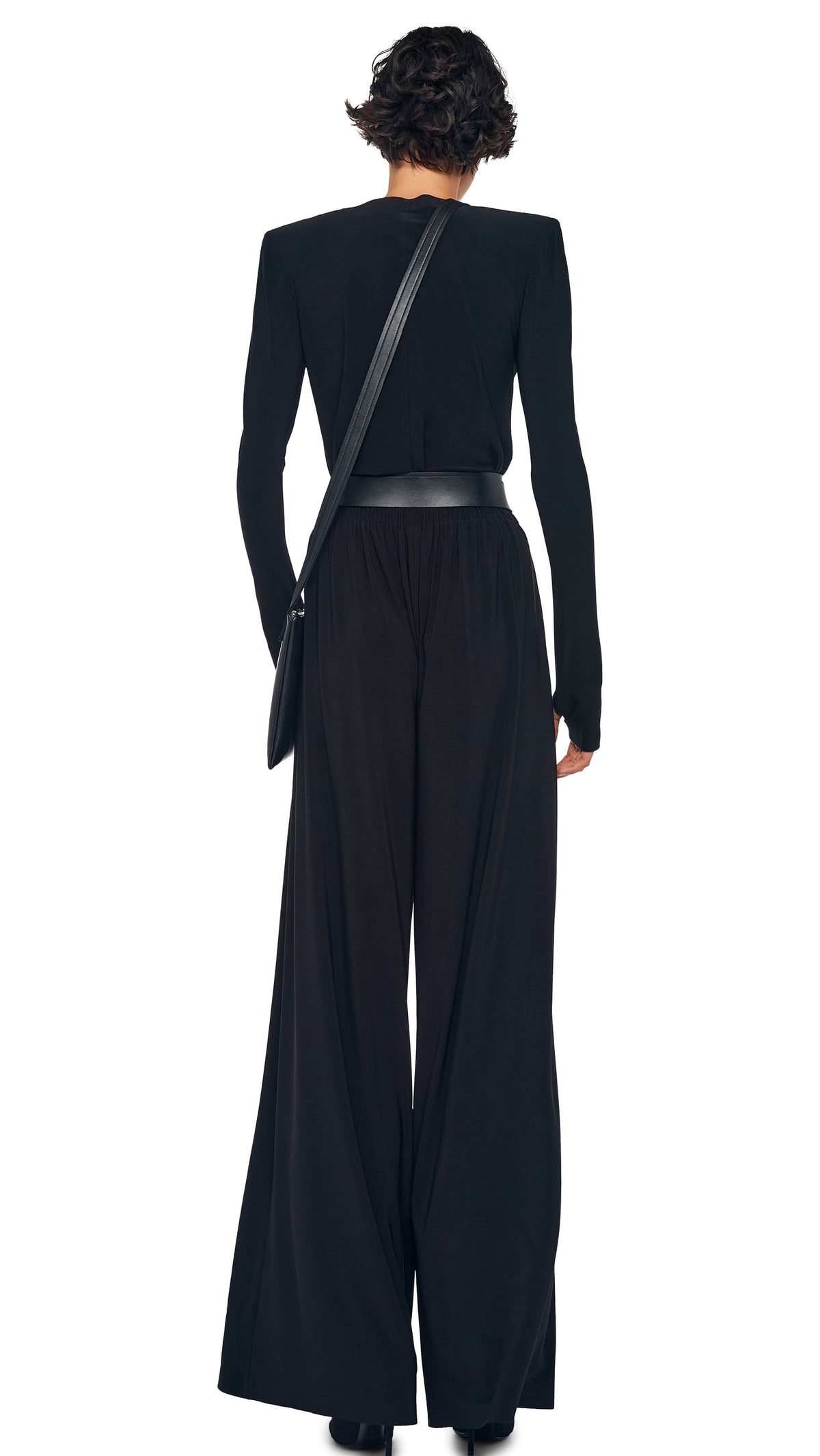 LONG SLEEVE SHOULDER PAD V NECK TOP Black | Norma Kamali Women