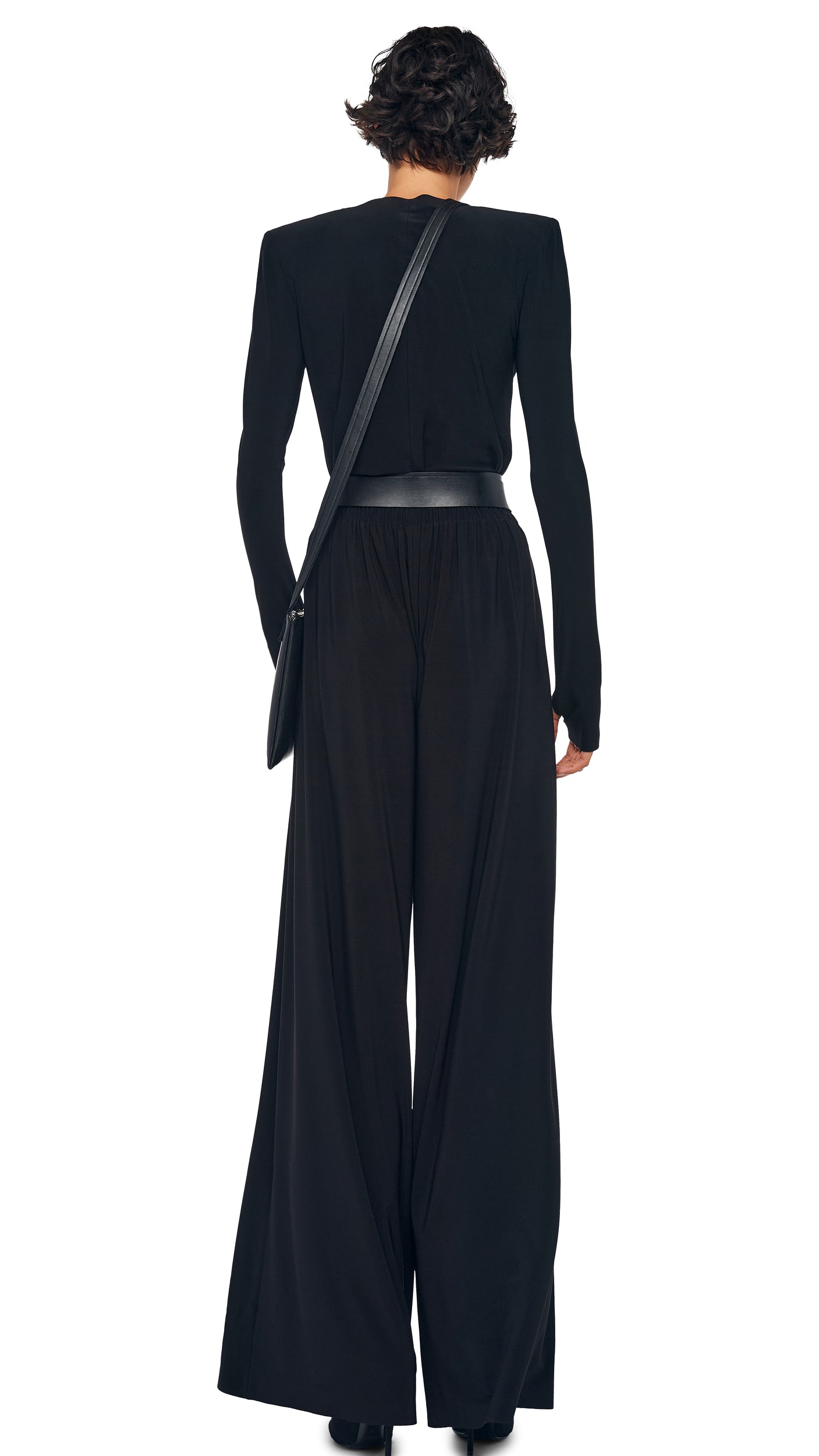 LONG SLEEVE SHOULDER PAD V NECK TOP Black | Norma Kamali Women