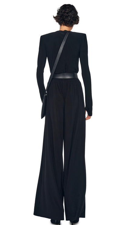LONG SLEEVE SHOULDER PAD V NECK TOP Black | Norma Kamali Women