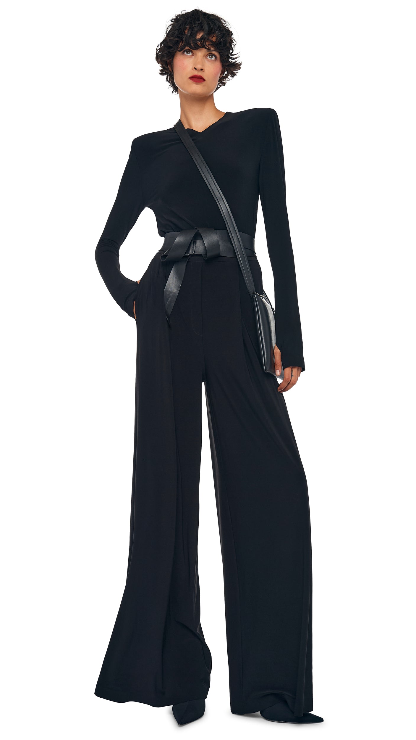 LONG SLEEVE SHOULDER PAD V NECK TOP Black | Norma Kamali Women