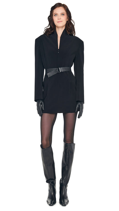 OS LS SHOULDER PAD ZIP FRONT MINI DRESS Black | Norma Kamali Women