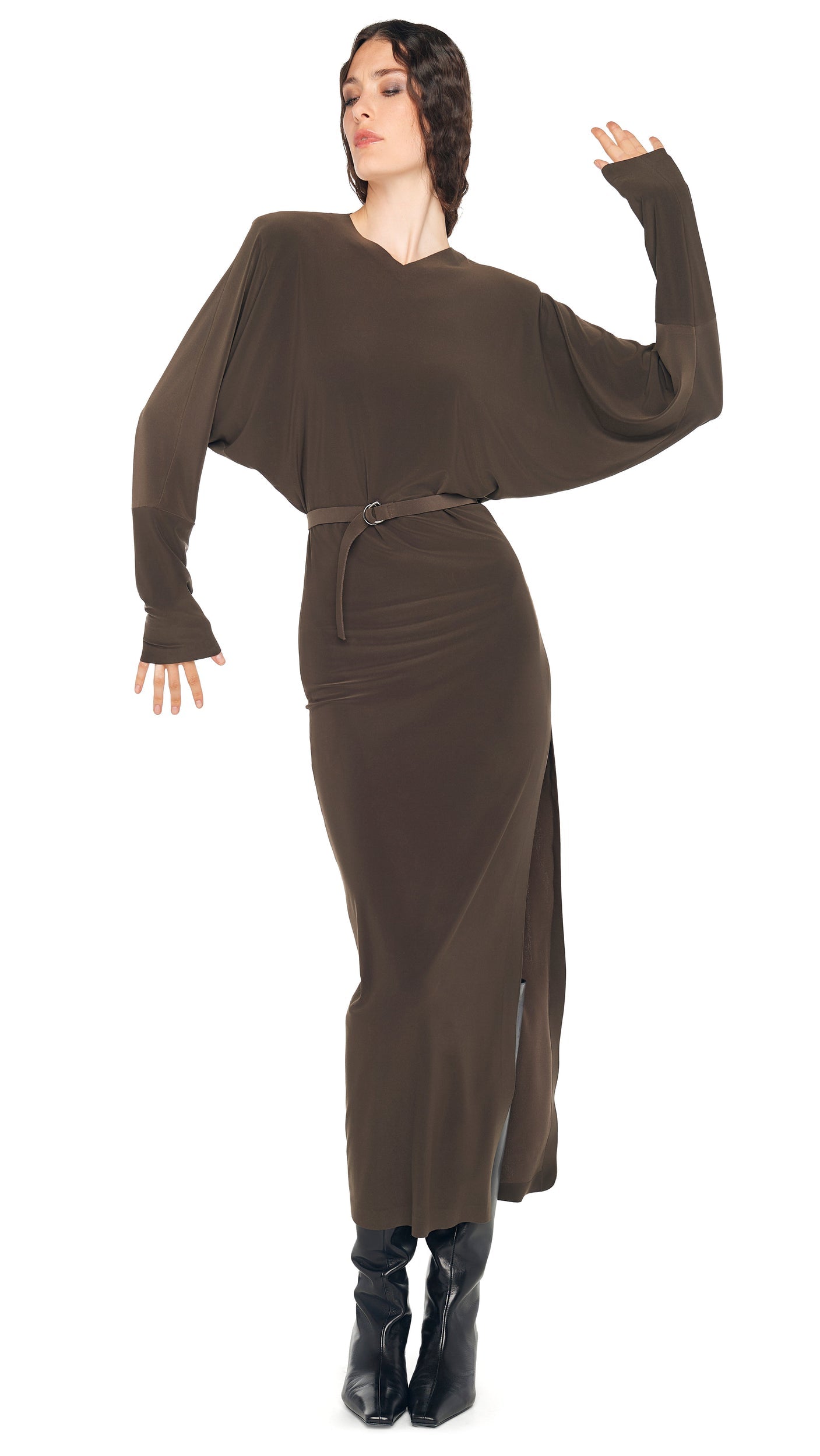DOLMAN SIDE SLIT GOWN W/ SHOULDER PADS Espresso | Norma Kamali Women