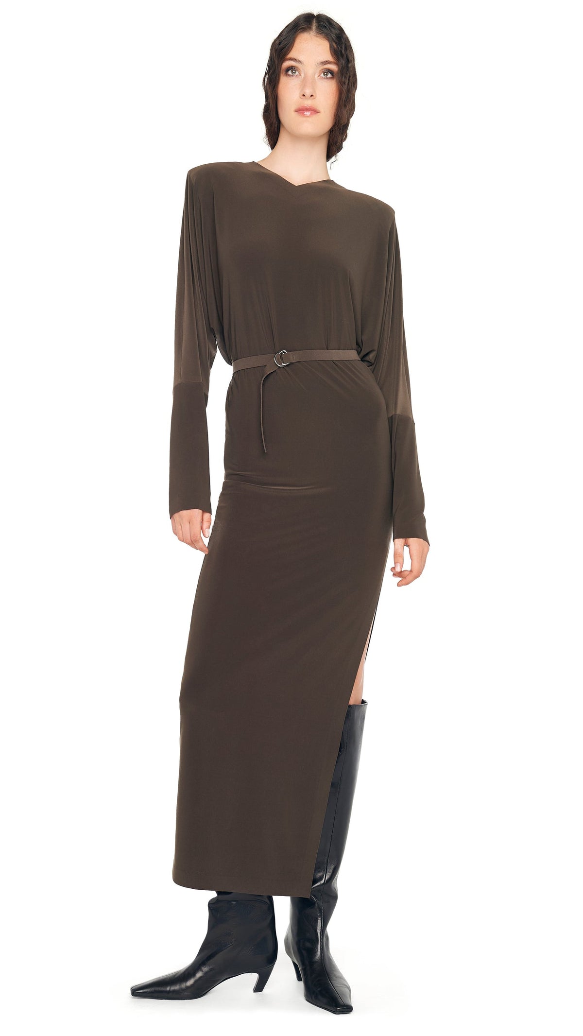 DOLMAN SIDE SLIT GOWN W/ SHOULDER PADS Espresso | Norma Kamali Women