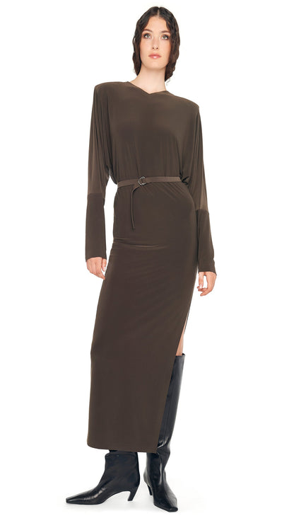 DOLMAN SIDE SLIT GOWN W/ SHOULDER PADS Espresso | Norma Kamali Women