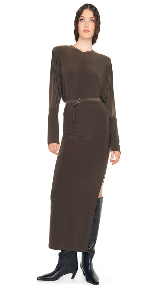 DOLMAN SIDE SLIT GOWN W/ SHOULDER PADS Espresso | Norma Kamali Women