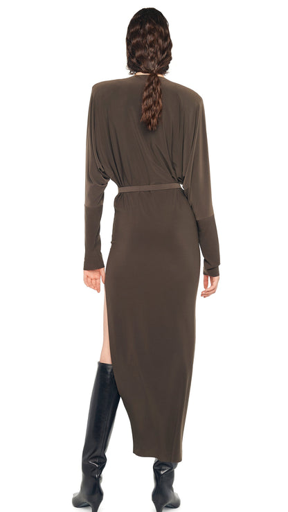 DOLMAN SIDE SLIT GOWN W/ SHOULDER PADS Espresso | Norma Kamali Women