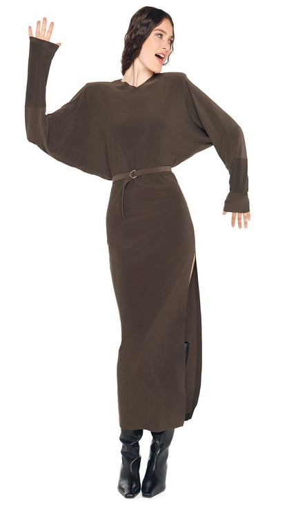 DOLMAN SIDE SLIT GOWN W/ SHOULDER PADS Espresso | Norma Kamali Women