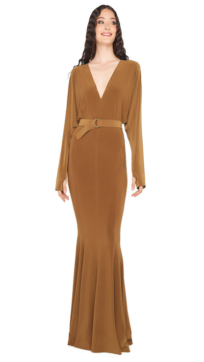 DOLMAN V NECK FISHTAIL GOWN Bronze | Norma Kamali Women