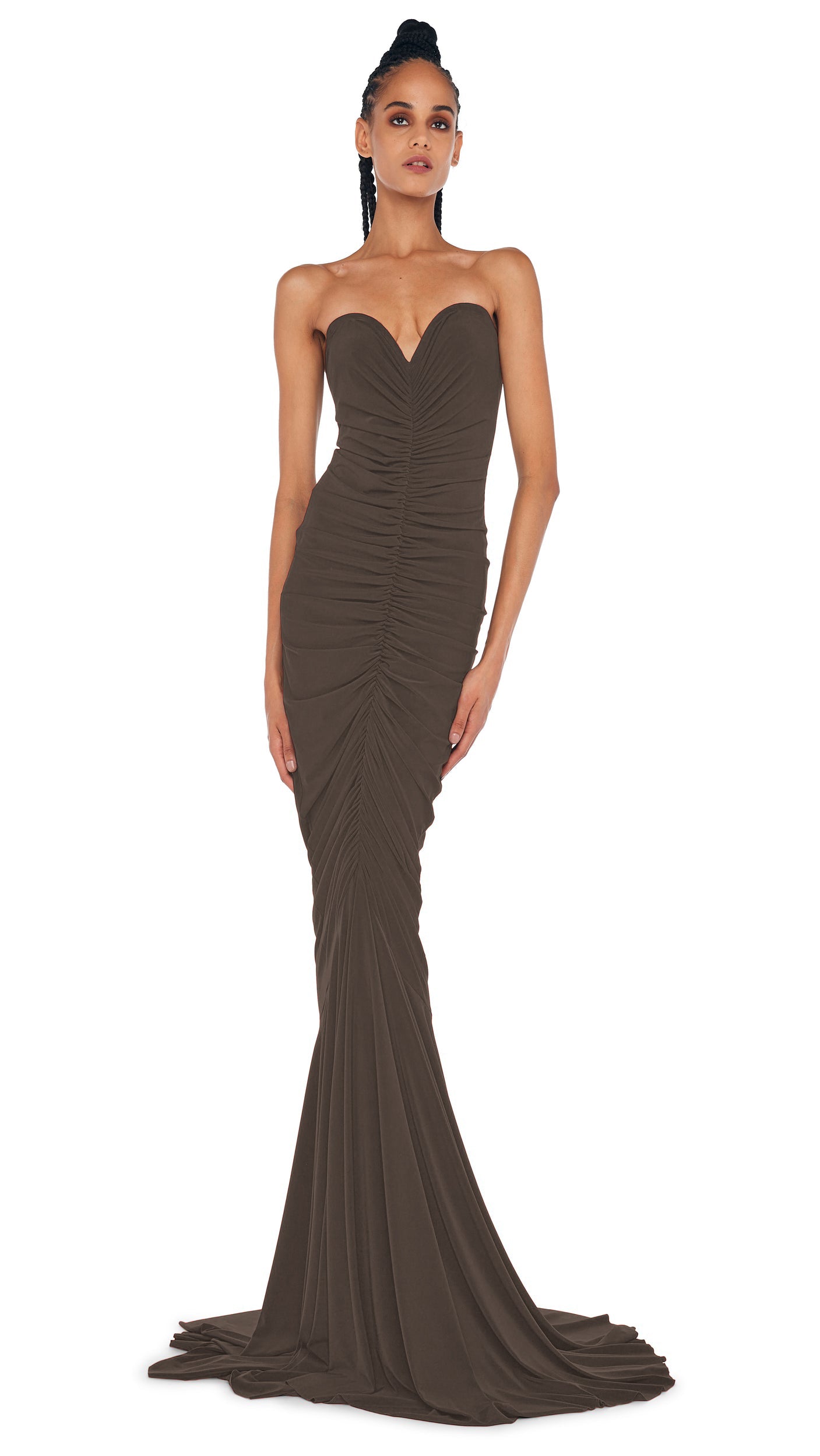 STRAPLESS SHIRRED FRONT FISHTAIL GOWN Espresso | Norma Kamali Women