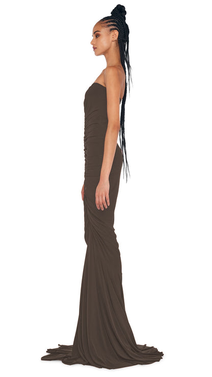 STRAPLESS SHIRRED FRONT FISHTAIL GOWN Espresso | Norma Kamali Women