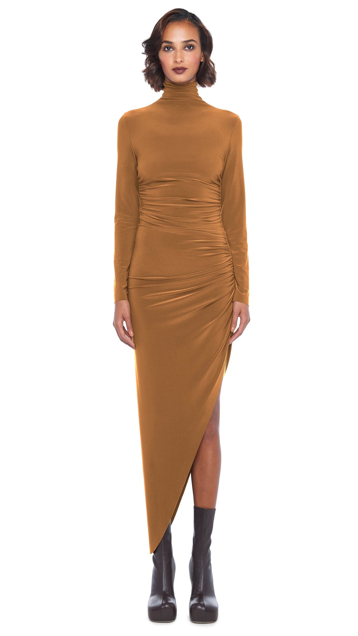 LS TURTLE NECK SIDE DRAPE GOWN Bronze | Norma Kamali Women