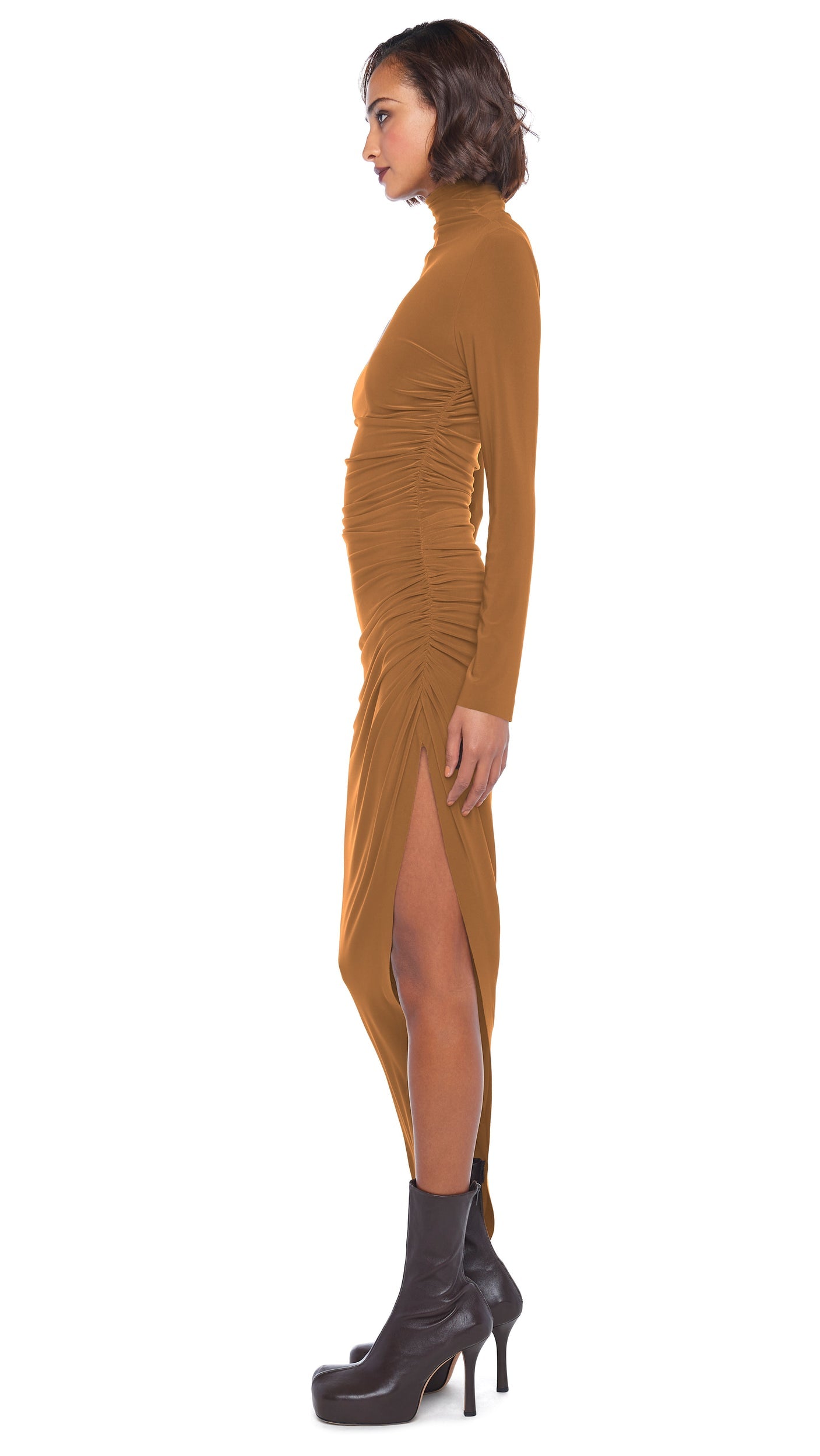 LS TURTLE NECK SIDE DRAPE GOWN Bronze | Norma Kamali Women