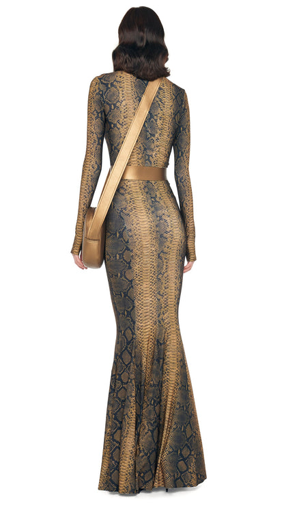 LONG SLEEVE TURTLE FISHTAIL GOWN Python | Norma Kamali Women