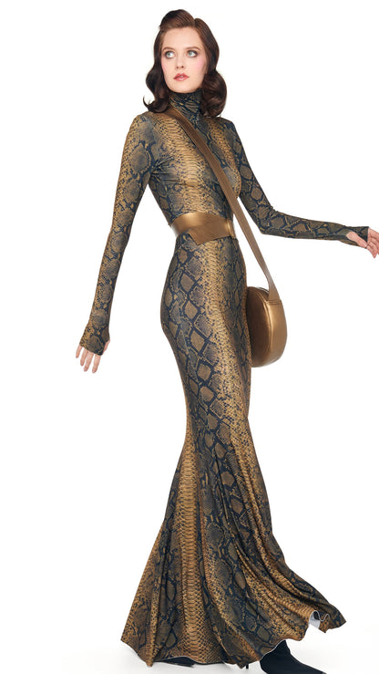 LONG SLEEVE TURTLE FISHTAIL GOWN Python | Norma Kamali Women
