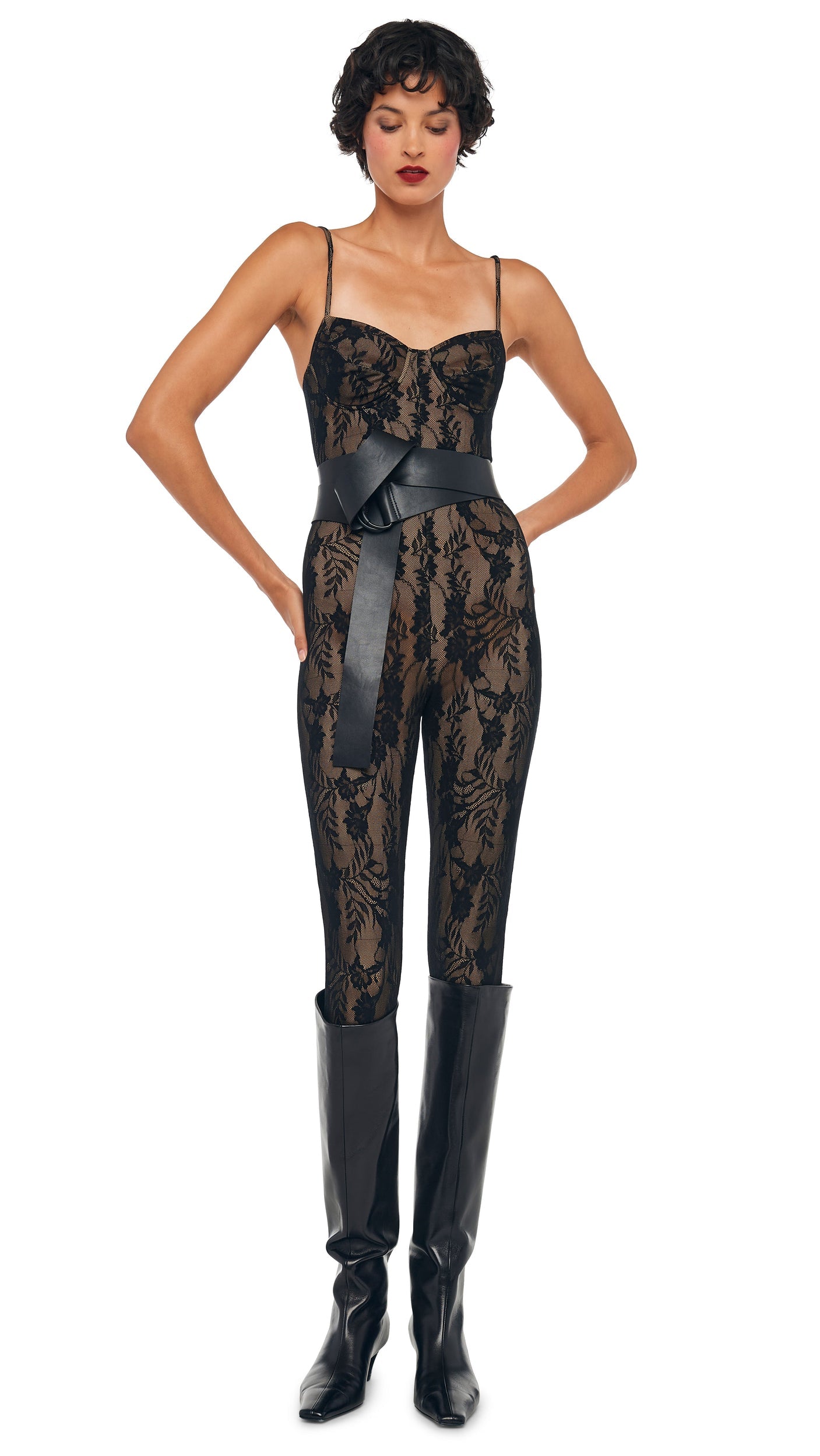 UNDERWIRE CATSUIT Black Stretch Lace/Nude | Norma Kamali Women