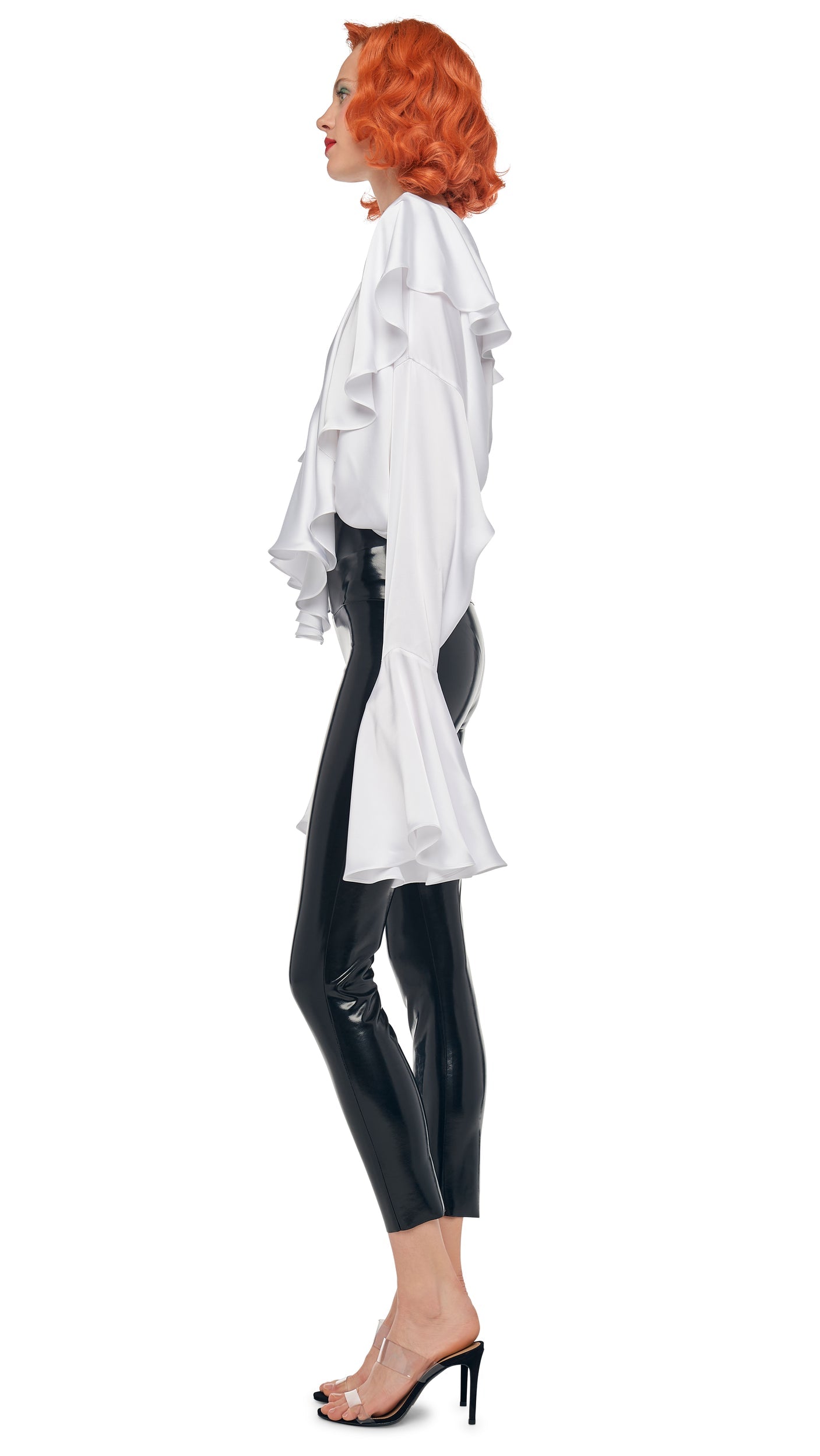 LONG SLEEVE DEEP V RUFFLE BODYSUIT Snow White | Norma Kamali Women